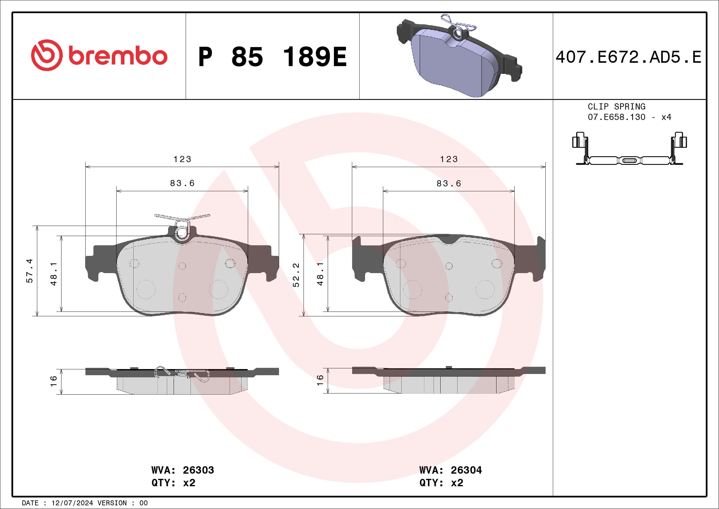 BREMBO Sada brzdových platničiek kotúčovej brzdy P 85 189E 1