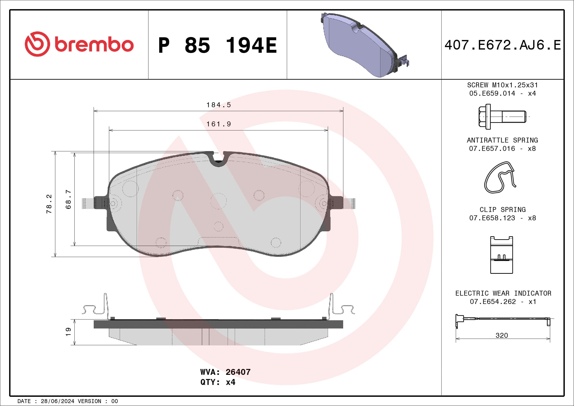 BREMBO Sada brzdových platničiek kotúčovej brzdy P 85 194E 1