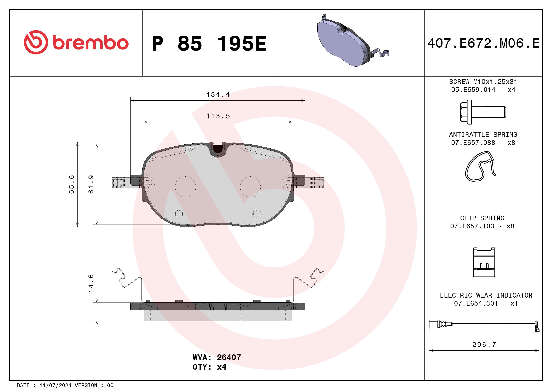 BREMBO Sada brzdových platničiek kotúčovej brzdy P 85 195E 1