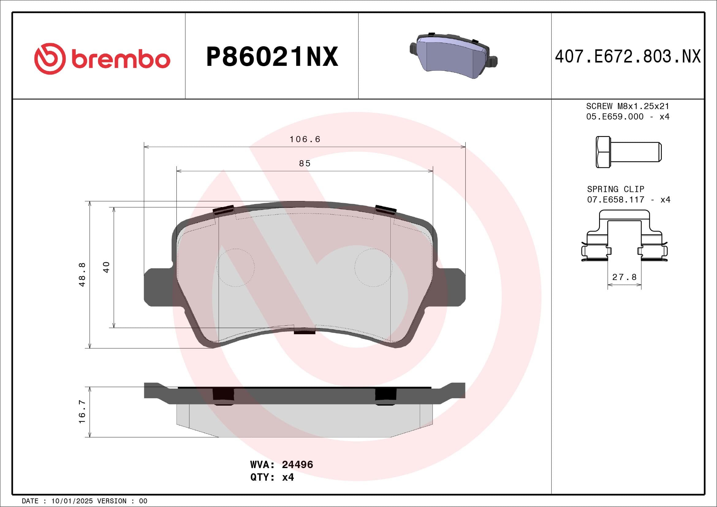 BREMBO Sada brzdových platničiek kotúčovej brzdy P86021NX 1