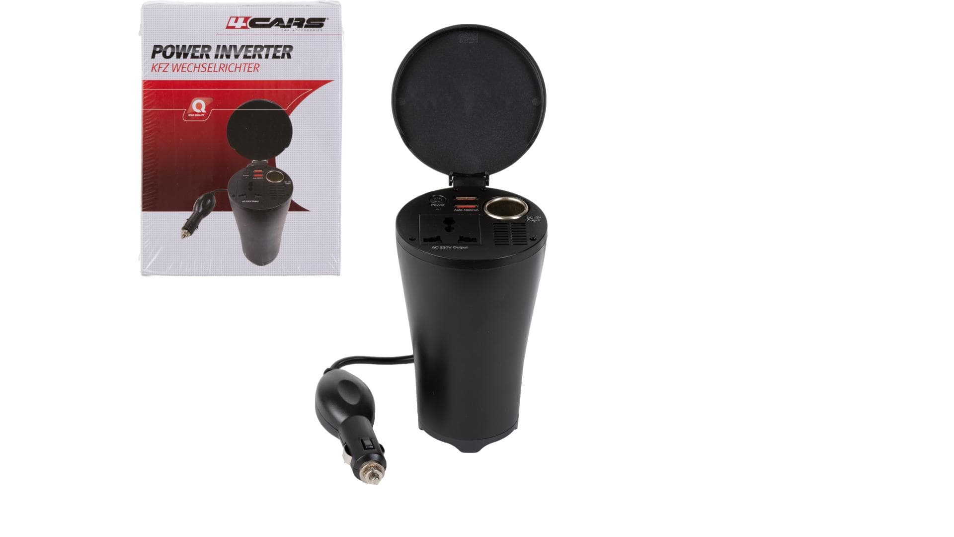 4CARS Menič napätia z 12V na 220V 150W + 2xUSB 2,4A 1