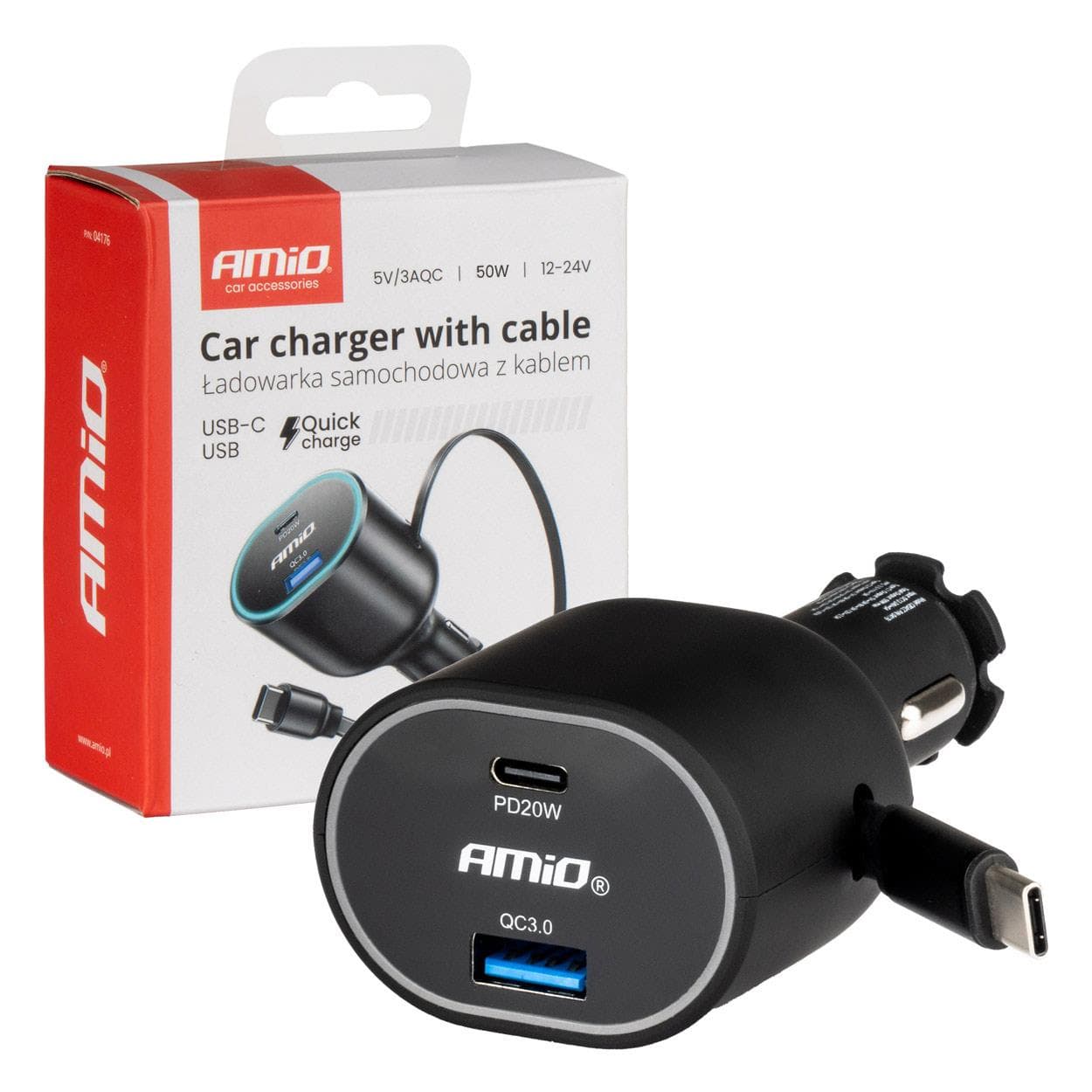 Nabíjačka do auta Quick Charge s navíjacím káblom AMiO-04176 1