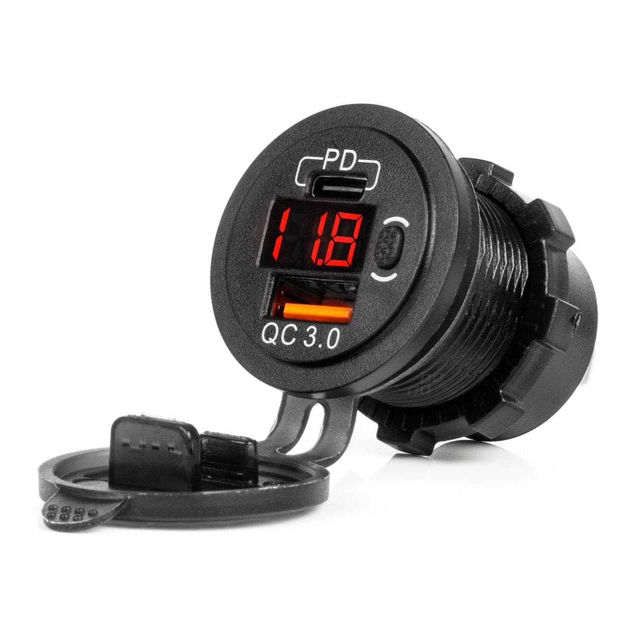 Vodotesná nabíjačka so spínačom, digitálnym voltometrom ČERVENÝ LED indikátor USB + USB C QC3.0 12/24V AMiO-04222
