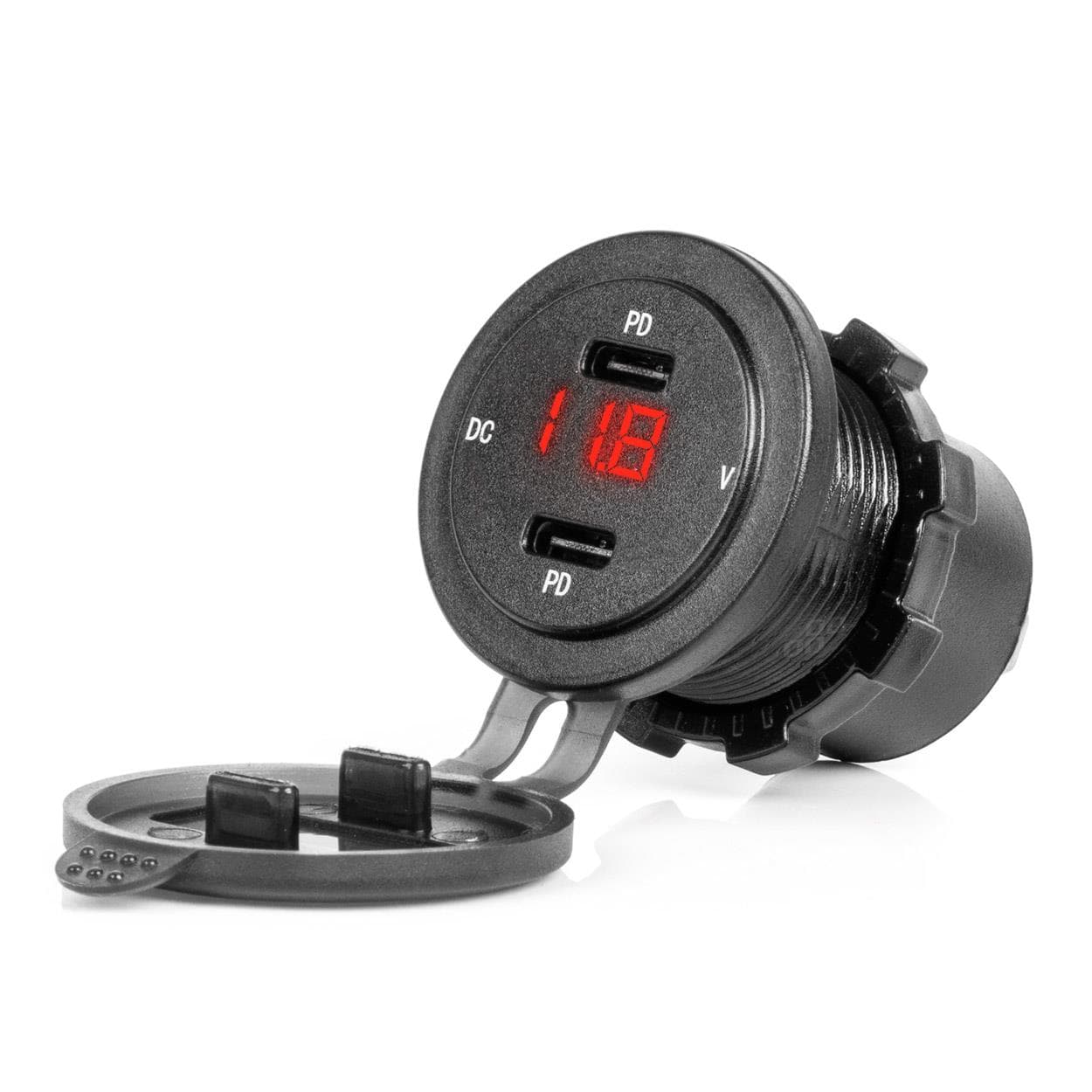 Vodotesná nabíjačka so spínačom, digitálnym voltometrom ČERVENÝ LED indikátor USB + USB C QC3.0 12/24V AMiO-04225 1