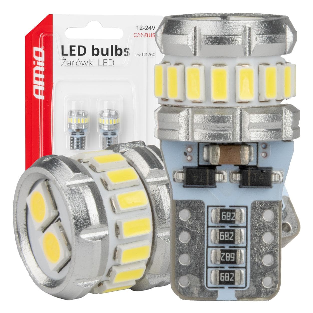 LED žiarovky CANBUS T10 W5W 16SMD 2SMD 3014 3030 Biela 12V 24V AMiO-04260 1