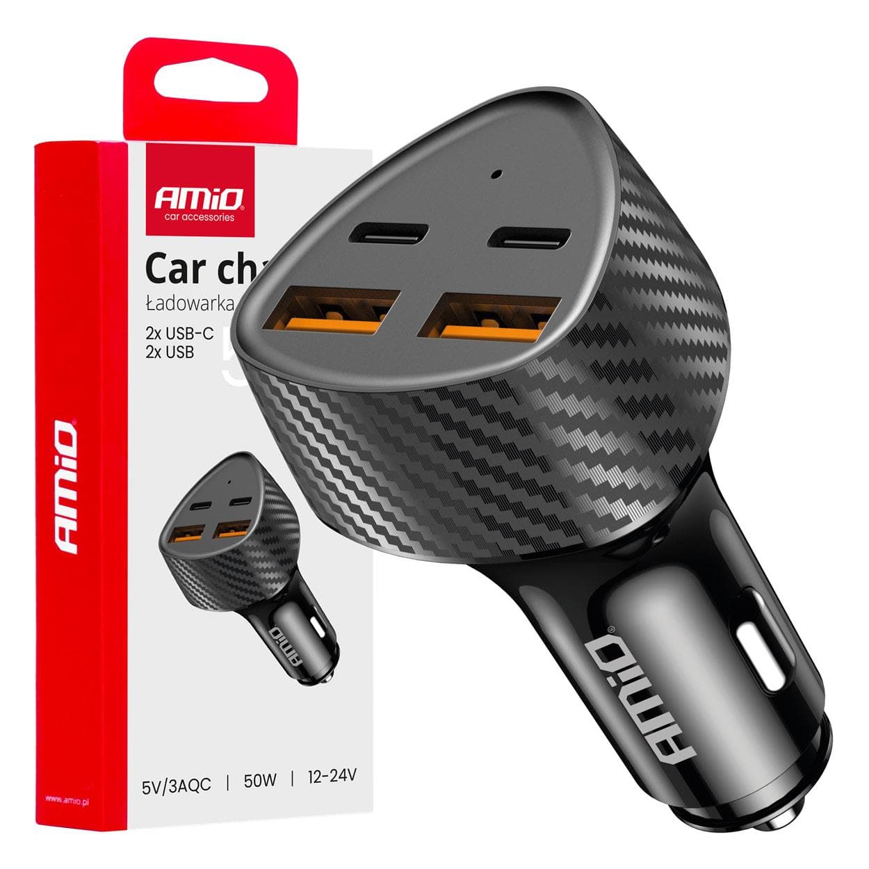 Nabíjačka do auta 50W 2xUSB-A + 2xUSB-C AMiO-04284 1