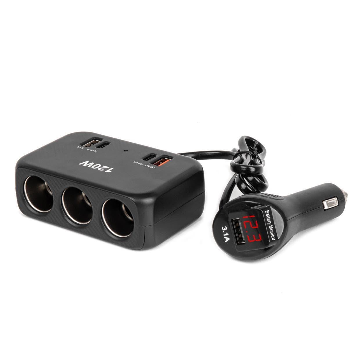 Predlžovacia zásuvka 2x USB-A 1x USB-C QC4.0 12/24V 120W 80cm AMiO-04366 1