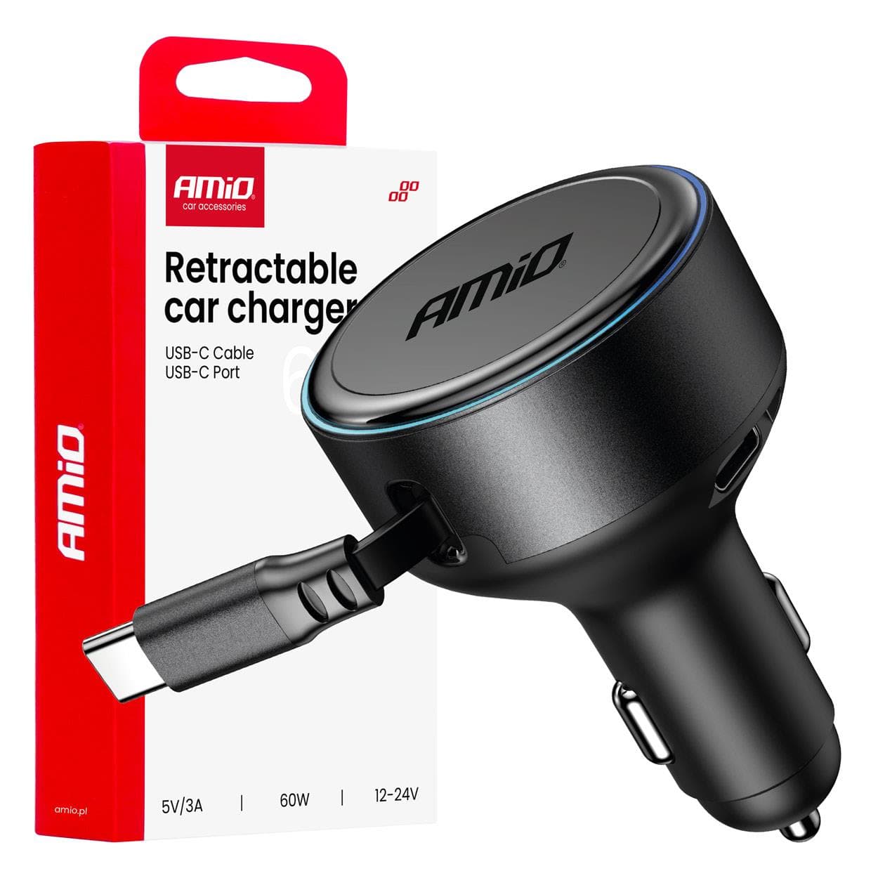 Nabíjačka do auta výsuvná C kábel + USB C port 12/24V 60W AMiO-04368 1