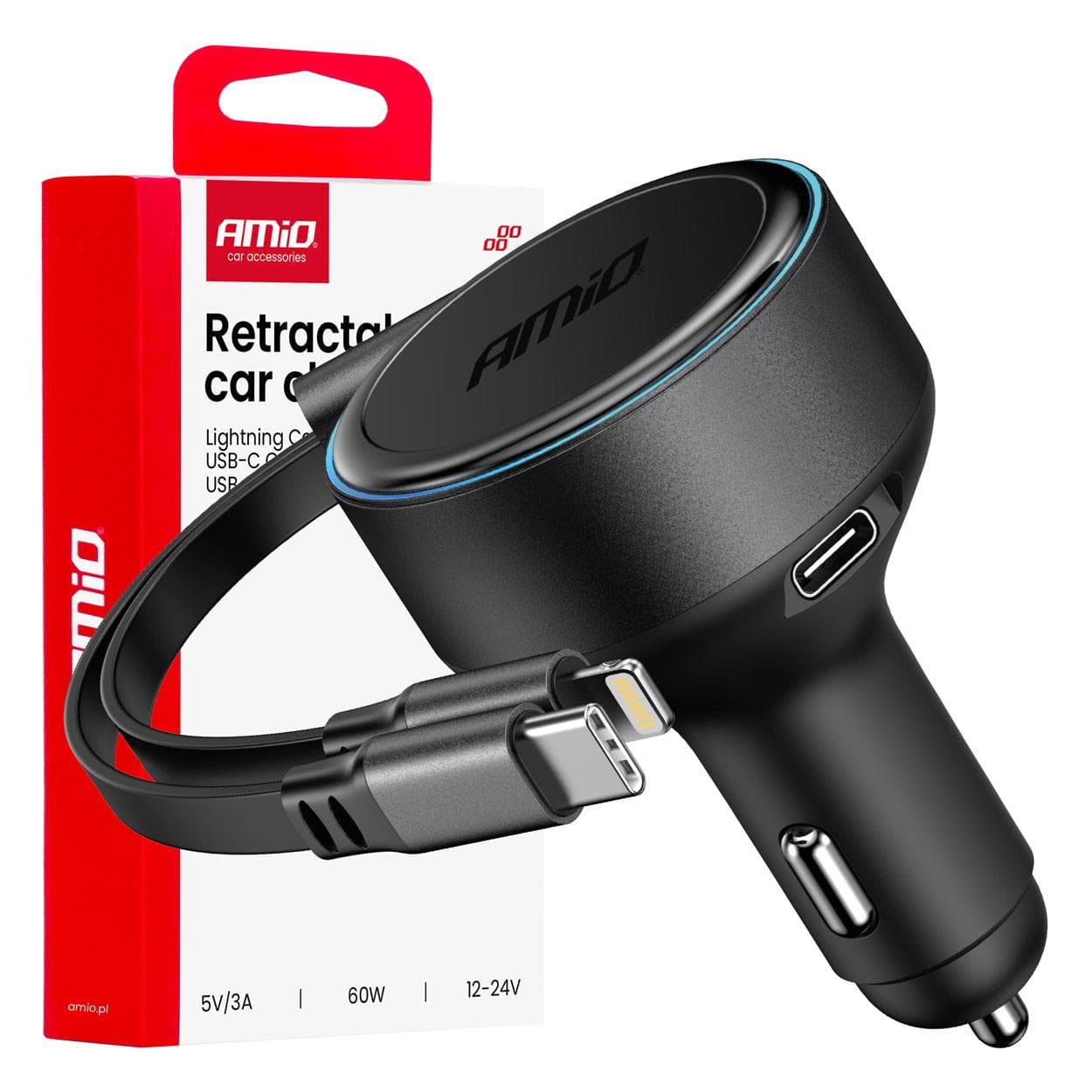 Nabíjačka do auta výsuvná C kábel + lightning kábel + USB C port 12/24V 60W AMiO-04370
