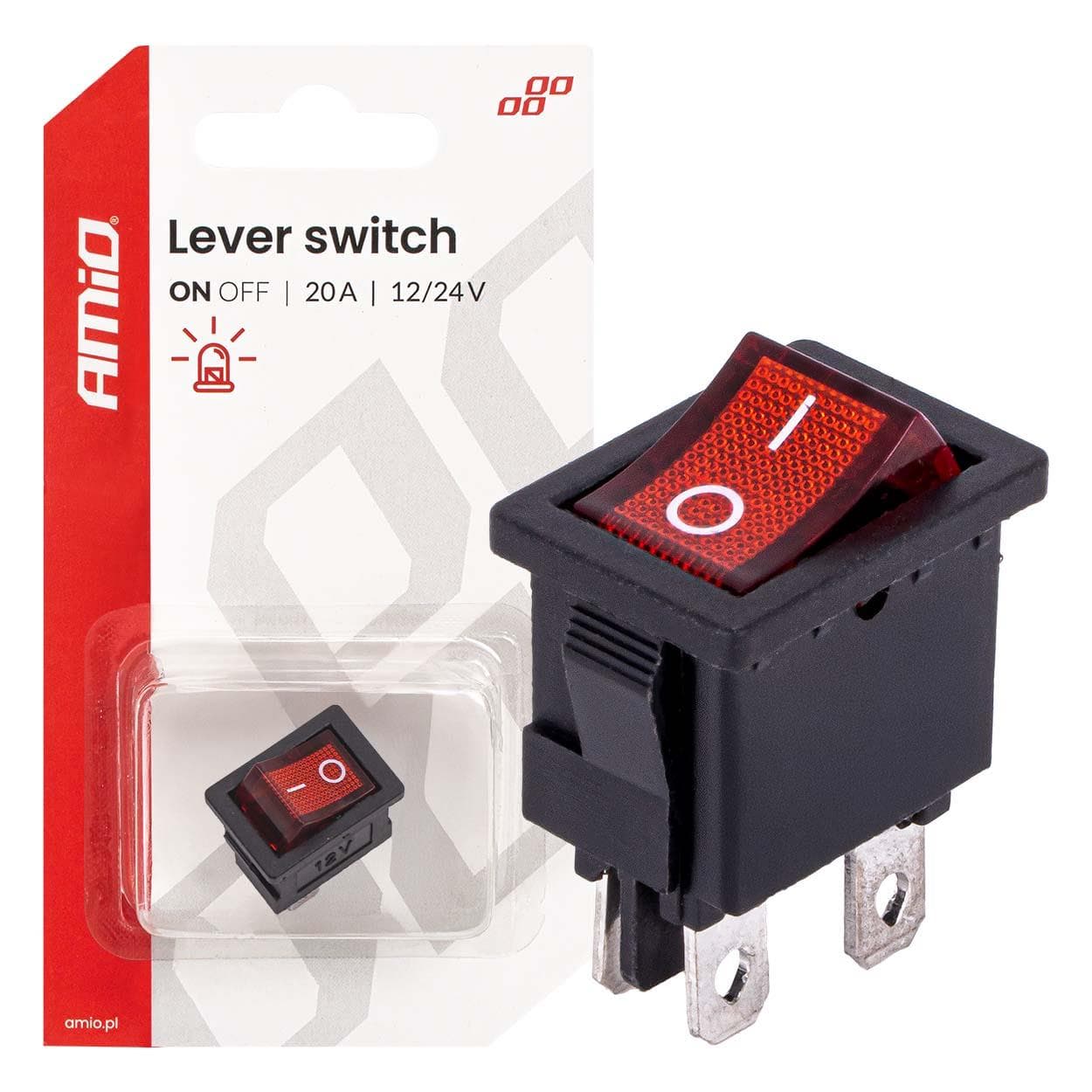 Prepínač kolískový s červeným podsvietením 20A 12/24V AMiO-04440 1