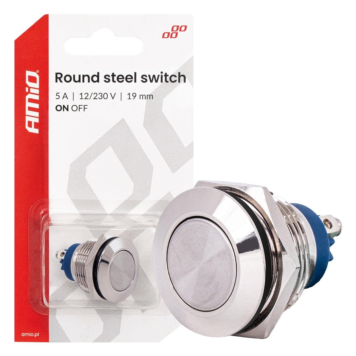 Prepínač plochý oceľový ON/OFF 19mm 5A 12/230V AMiO-04474 1