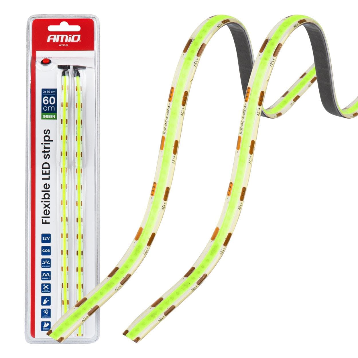 LED pásiky COB do auta zelené 2x30 cm 12 V AMiO-04573 1