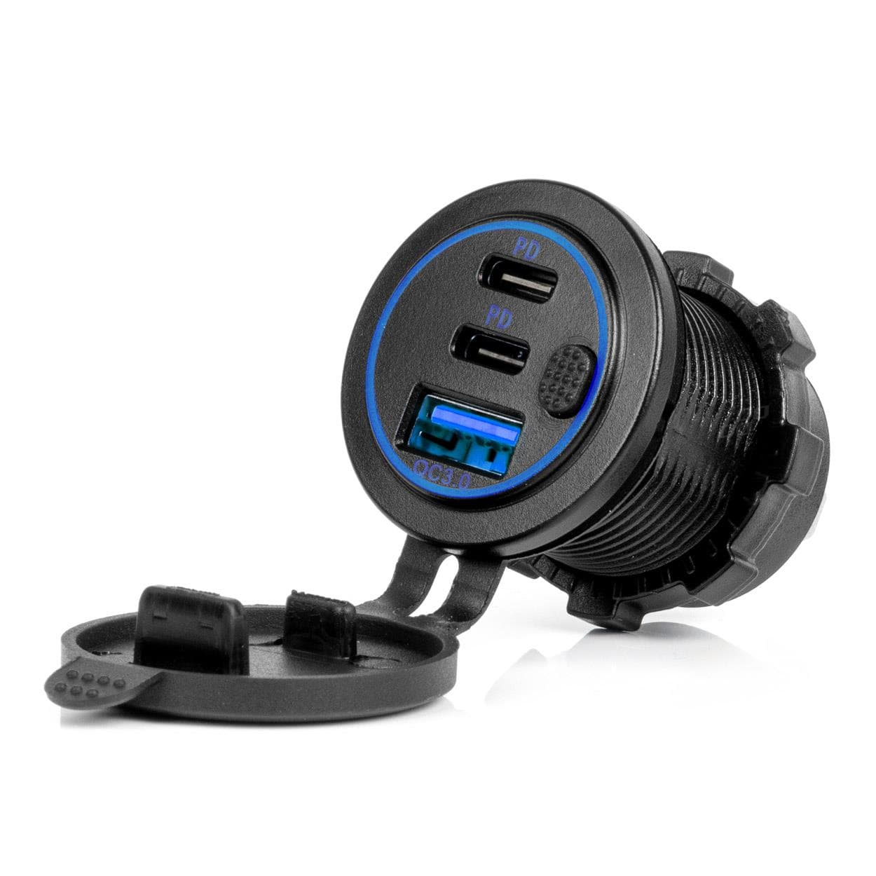 Vodotesná nabíjačka na telefón s vypínačom MODRÁ LED podsvietenie USB + 2xUSB C QC3.0 12/24V AMiO-04596 1