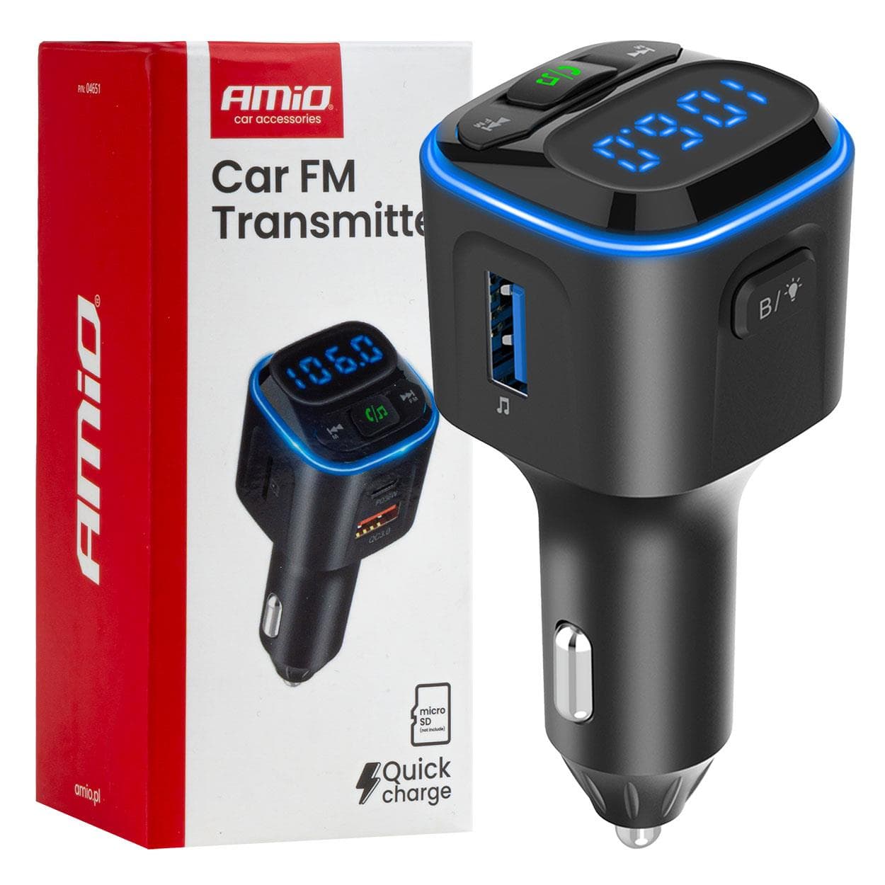 FM transmitter 1×USB-A 2×USB-C 12/24V AMiO-04651
