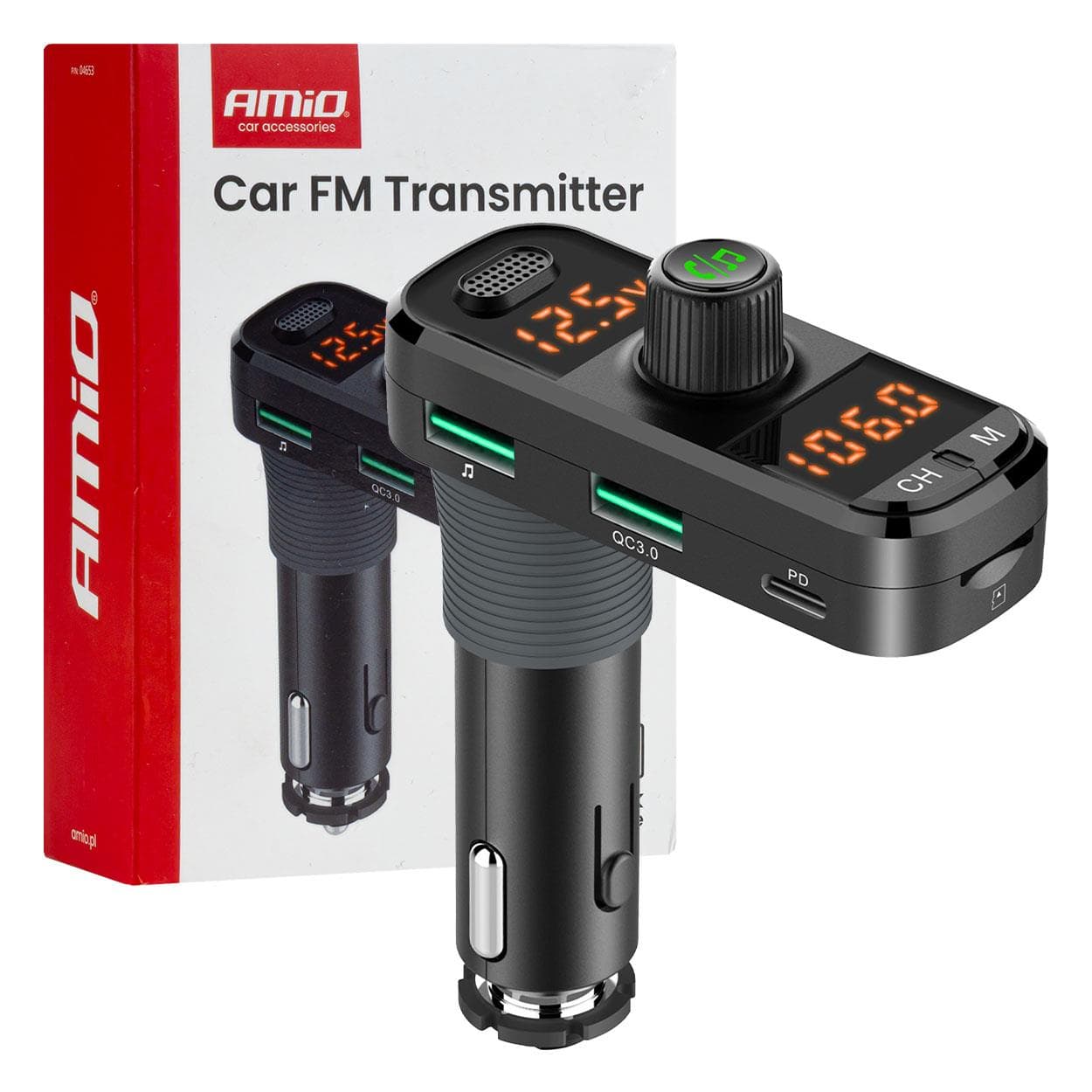 FM transmitter 2×USB-A 1×USB-C mircoSD 12V 24V AMiO-04653 1