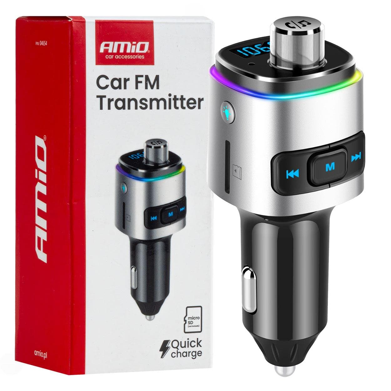 FM transmitter 2×USB-A microSD 12/24V AMiO-04654