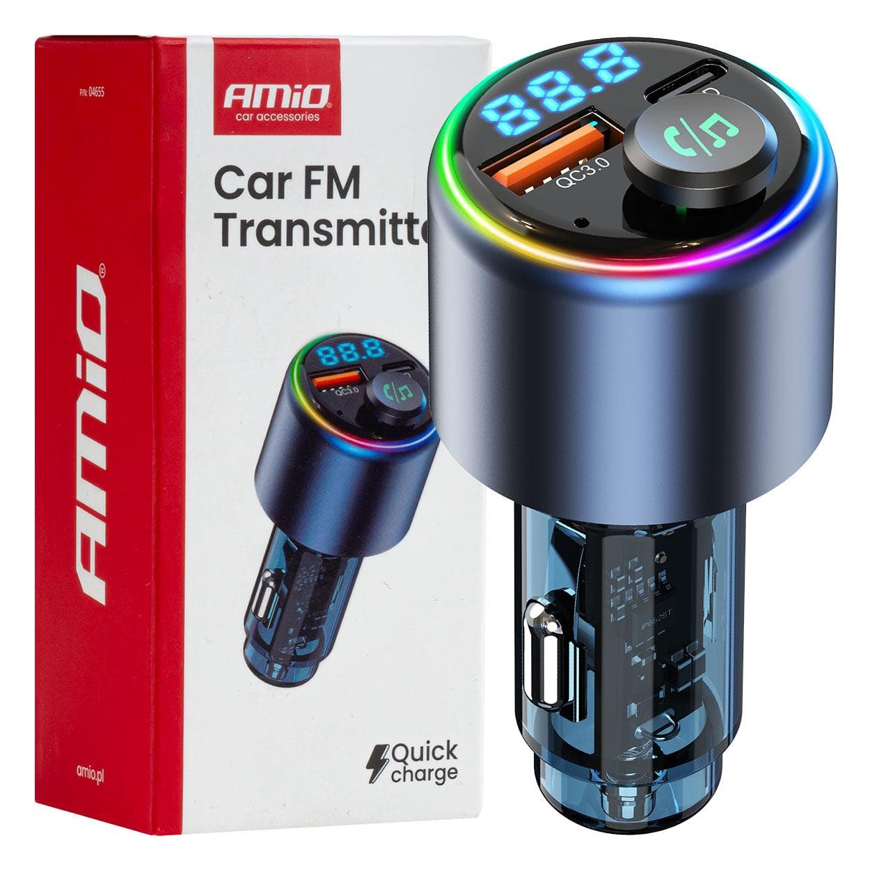 FM transmitter 1×USB-A 1×USB-C 12/24V AMiO-04655 1