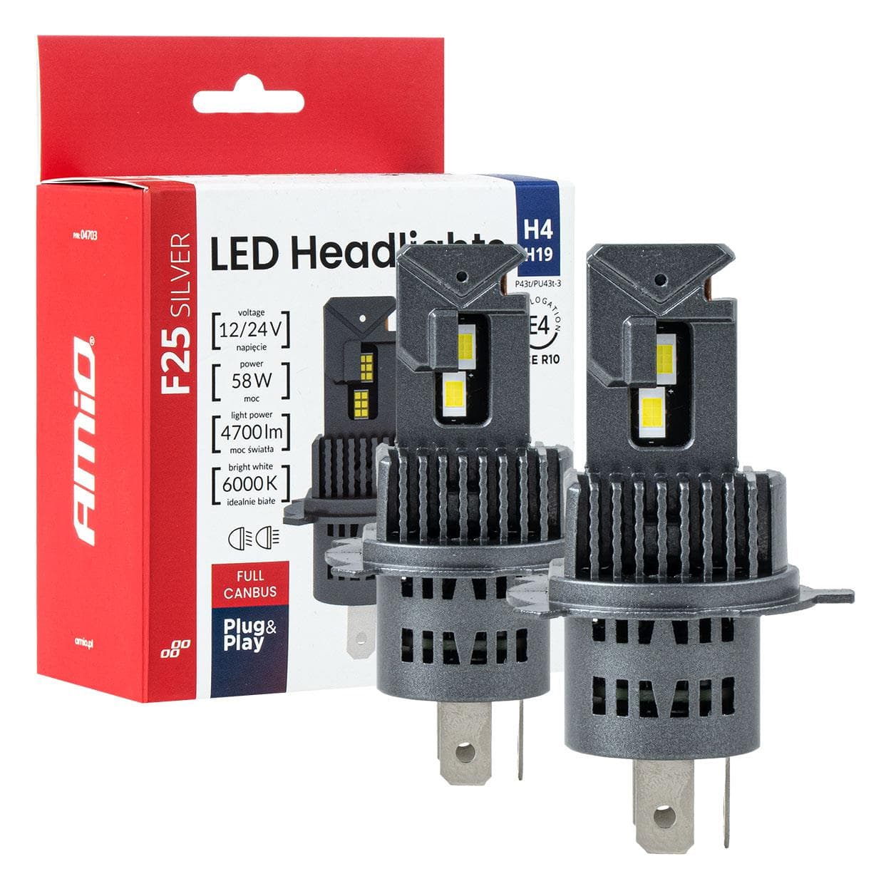 LED žiarovky hlavného svietenia F25 SILVER CANBUS H4/H19 54/58W 12V 24V AMiO-04703