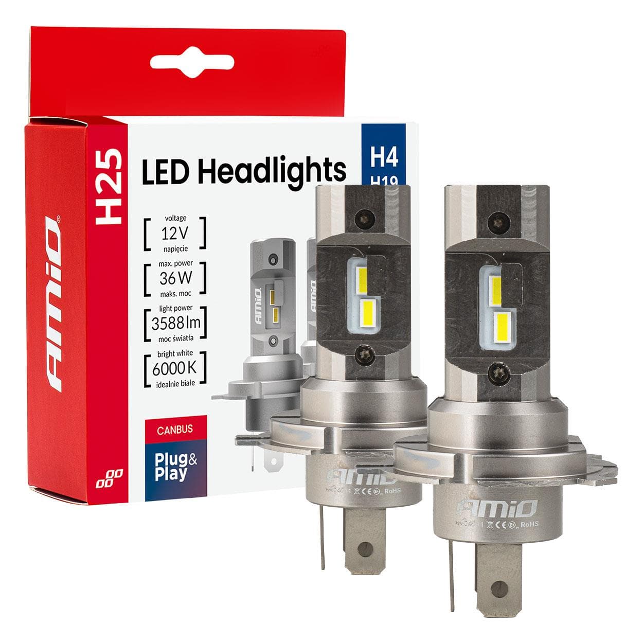 LED žiarovky hlavného svietenia Séria H25 CANBUS H4 H19 12V 36W AMIO-04711
