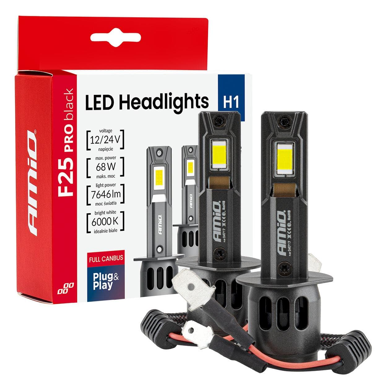 LED žiarovky hlavného svietenia Séria F25 PRO BLACK FULL CANBUS H1 68W 12V 24V AMIO-04717