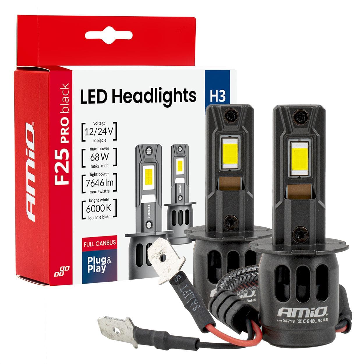 LED žiarovky hlavného svietenia Séria F25 PRO BLACK FULL CANBUS H3 68W 12V 24V AMIO-04718 1
