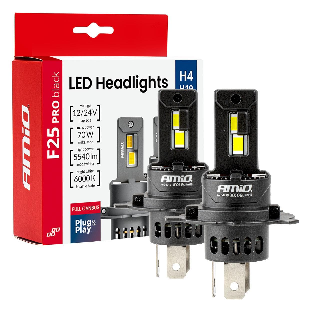 LED žiarovky hlavného svietenia Séria F25 PRO BLACK FULL CANBUS H4 H19 70W 12V 24V AMIO-04719