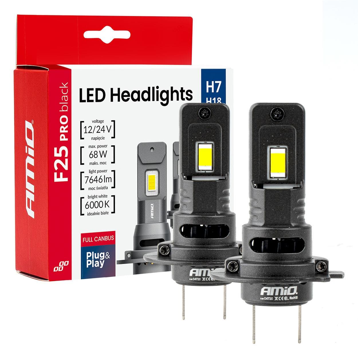 LED žiarovky hlavného svietenia Séria F25 PRO BLACK FULL CANBUS H7 68W 12V 24V AMIO-04720