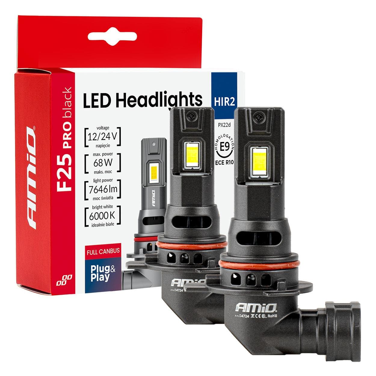 LED žiarovky hlavného svietenia Séria F25 PRO BLACK FULL CANBUS HIR2 68W 12V 24V AMIO-04724 1