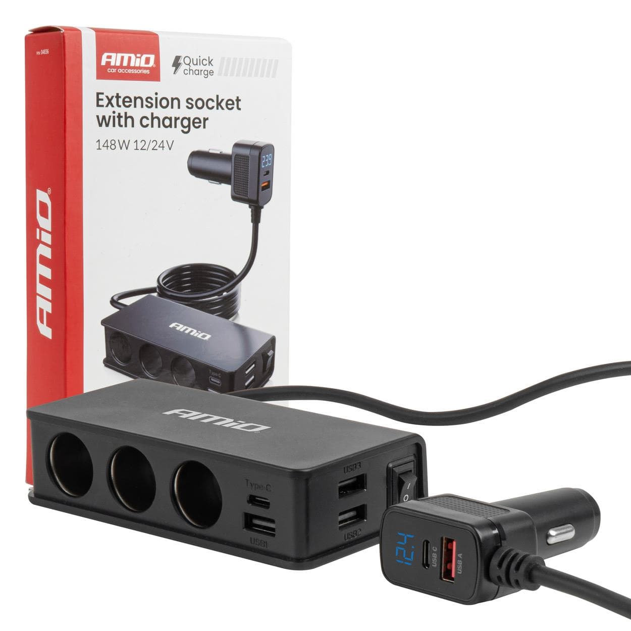 Predlžovacia zásuvka s nabíjačkou 3xUSB-A a USB-C QC 3.0 PD 148W AMiO-04836 1