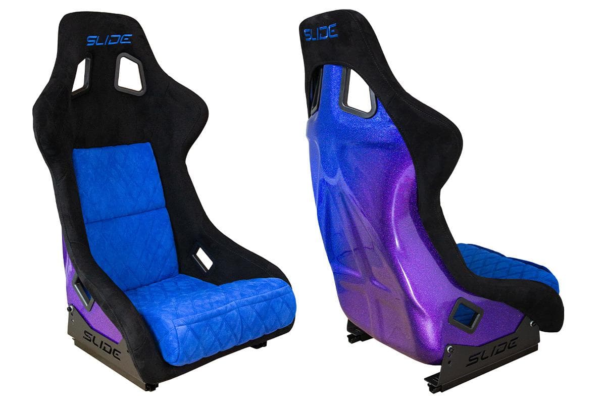 Športová sedačka SLIDE KS2 Premium Black & Quilted Blue Suede Purple-Blue Glitter