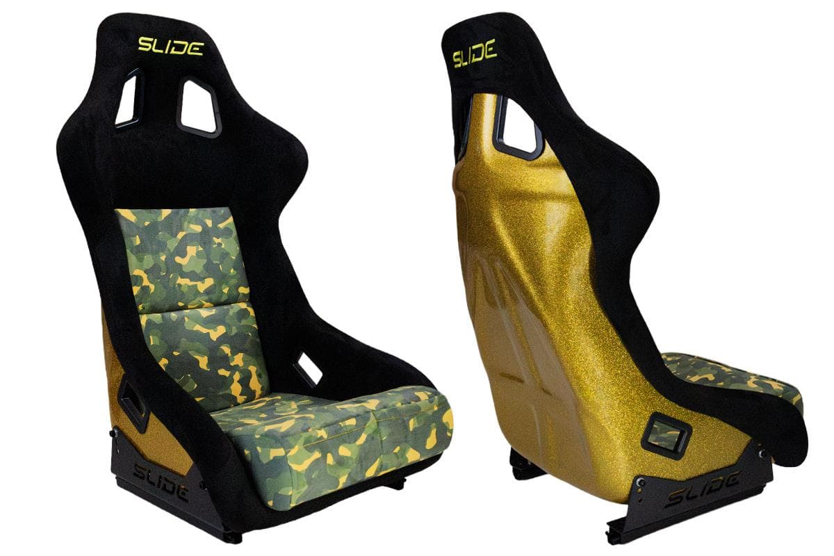 Športová sedačka SLIDE KS2 Premium Camuflage Dark Green Welur & Yellow Glitter 1