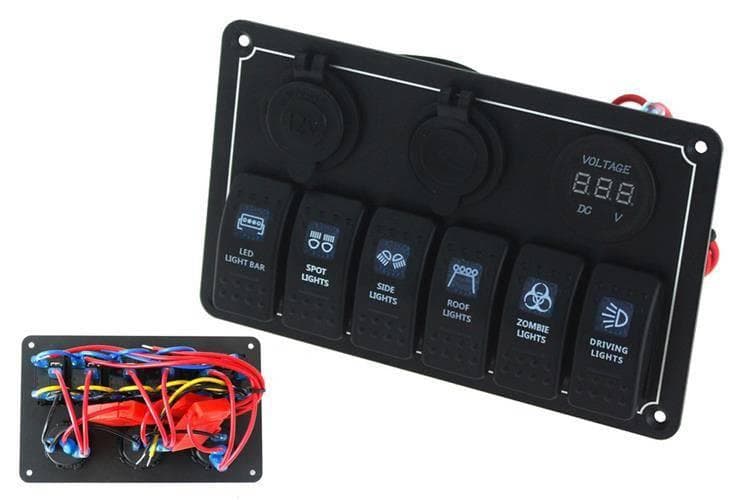 Prepínač 12/24 V ON-OFF ×6, 1×Z, 2×USB 3,1 A, 1 LED voltmeter, 3×B 15 A, IP68 modrý 1