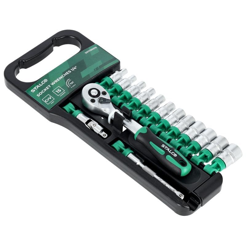 Nástrčné hlavice a račňa na vešiaku 15 kusov 1/4“ 1