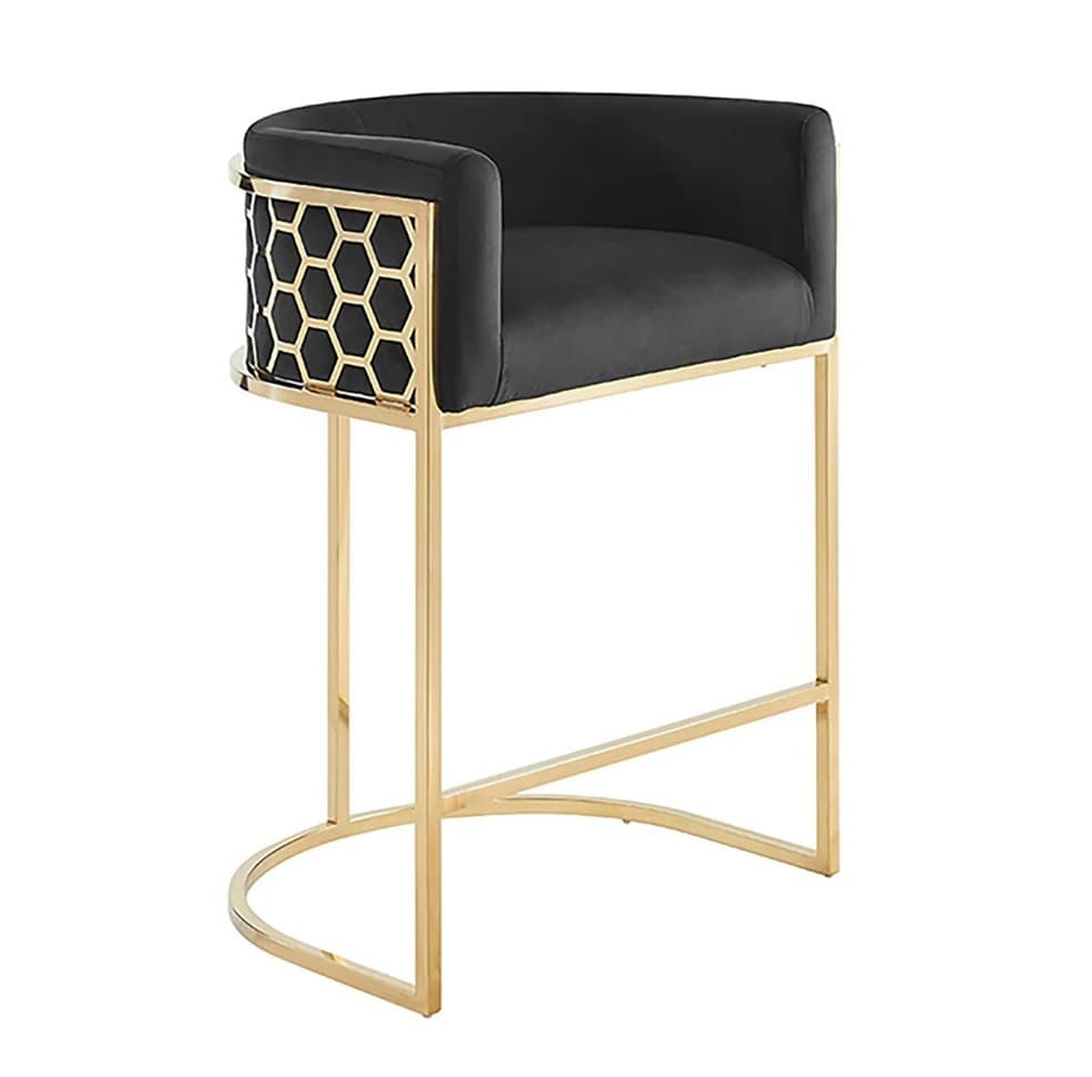 Estila Art deco barová stolička Ariande so zamatovým čiernym poťahom a zlatou kovovou konštrukciou 88 cm