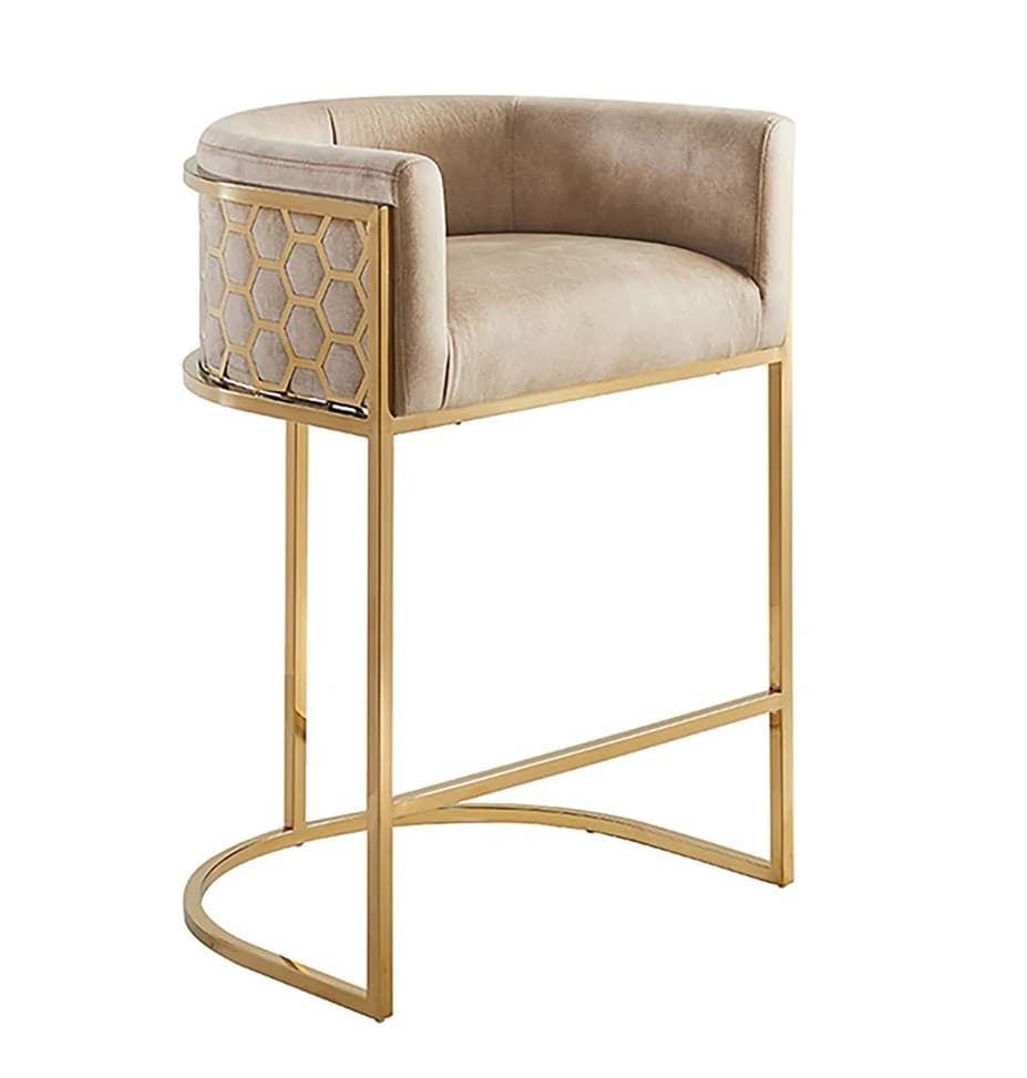 Estila Art deco barová stolička Ariande so zamatovým béžovým poťahom a zlatou kovovou konštrukciou 88 cm