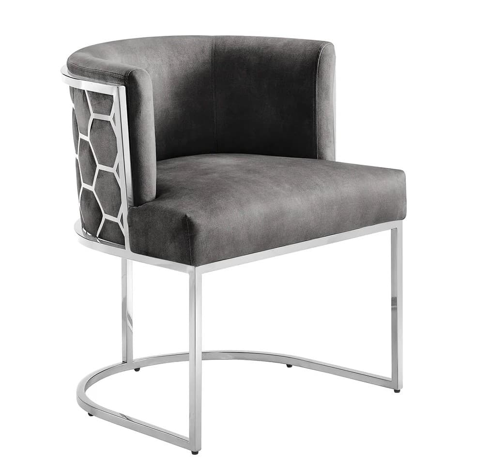 Estila Art deco jedálenská stolička Leara so sivým zamatovým poťahom a striebornou kovovou konštrukciou so vzorom medového plátu 75 cm