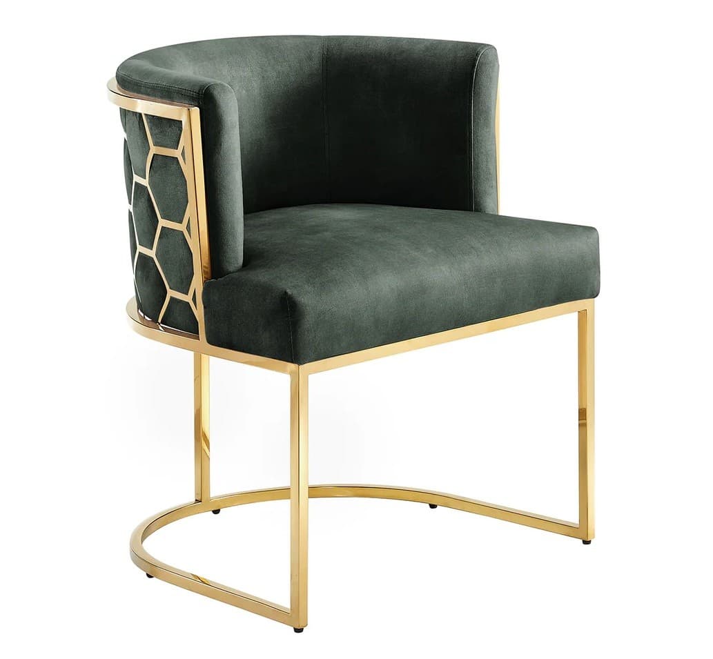 Estila Art deco jedálenská stolička Leara so zeleným zamatovým poťahom a zlatou konštrukciou s dizajnom šesťuholníkov 64 cm