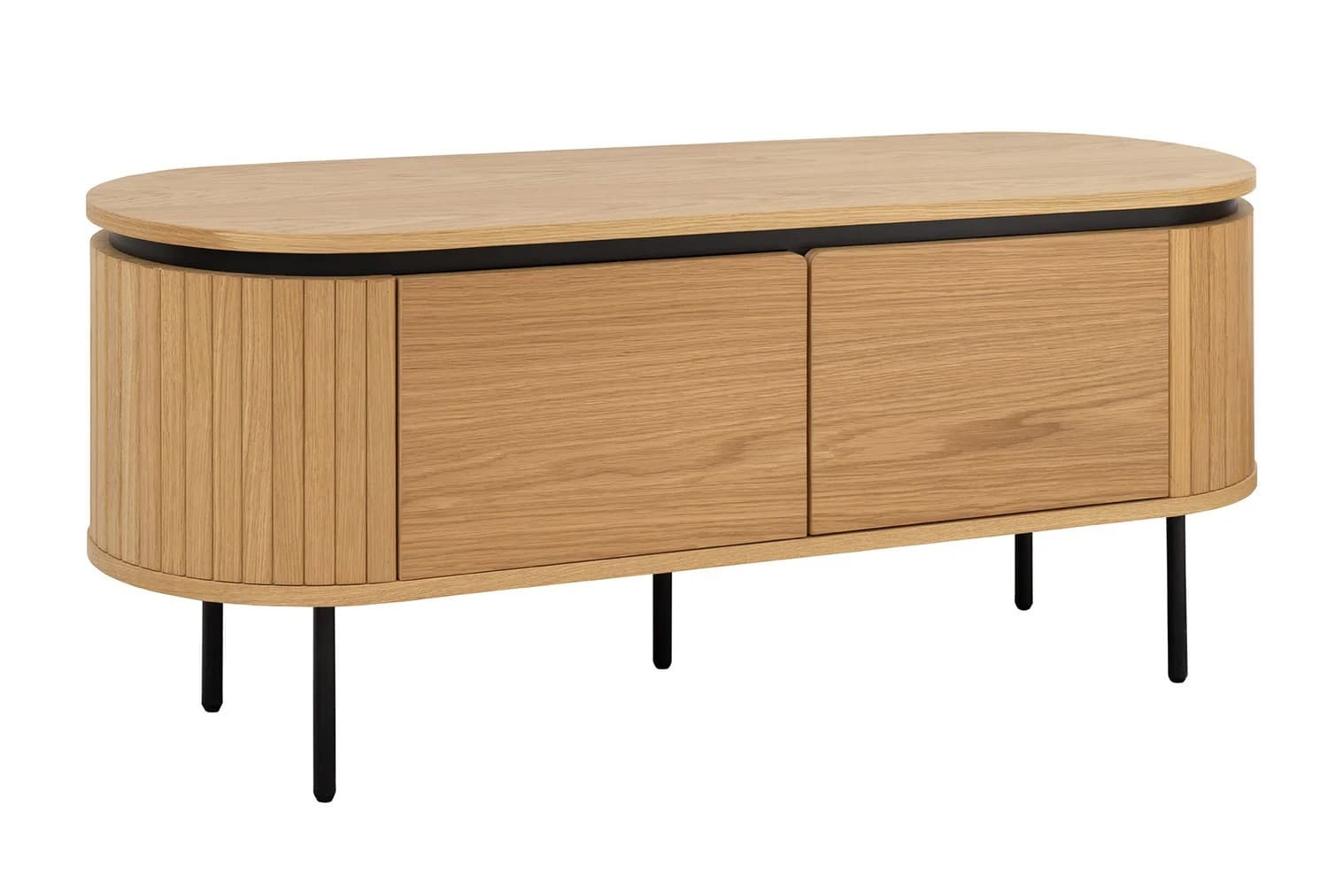 Estila Art deco oválny dvojdverový TV stolík Maderia v svetlom hnedom dubovom prevedení s lamelovým dizajnom 120 cm