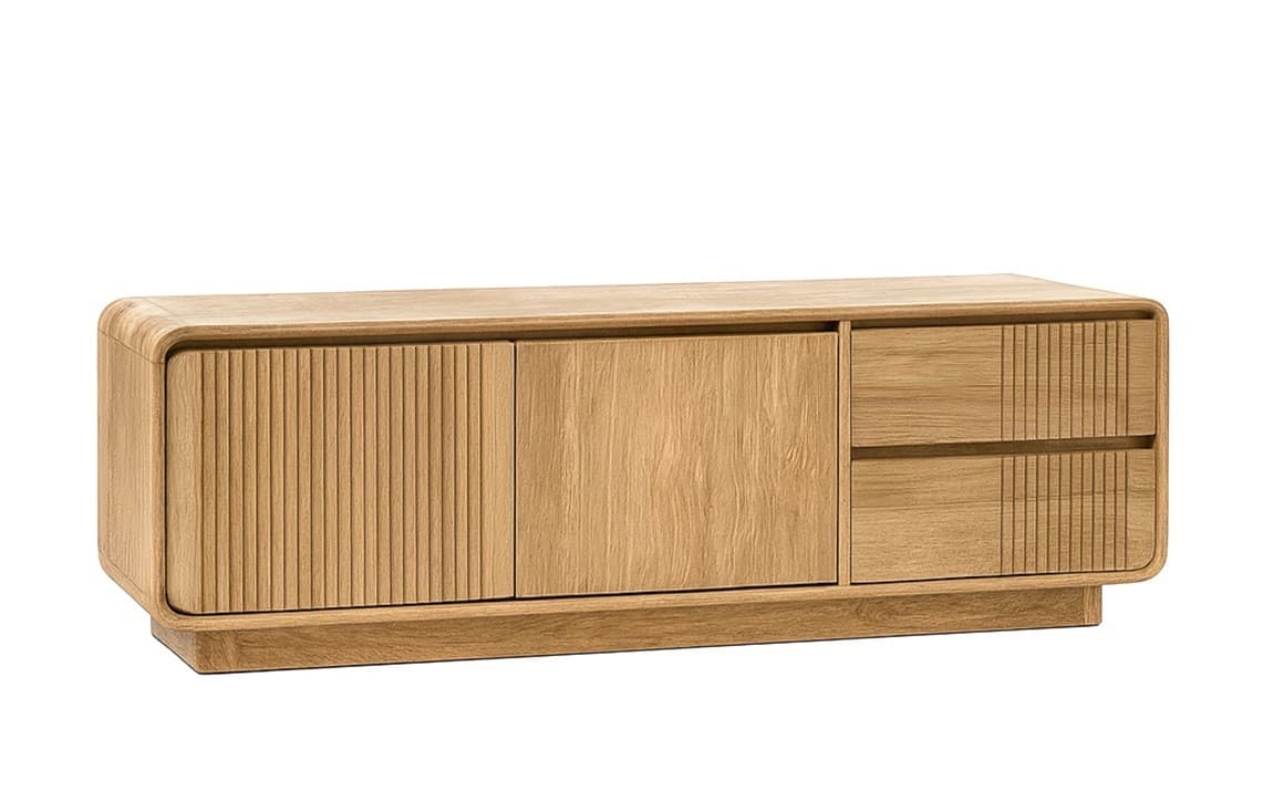 Estila Luxusný retro televízny stolík Riga v svetlej hnedej farbe s dvomi dvierkami a dvomi zásuvkami so zaoblenými hranami 160 cm