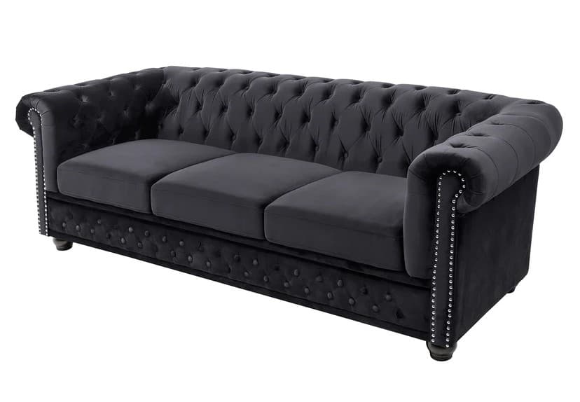 Estila Dizajnová zamatová čierna trojmiestna sedačka Maya s chesterfield prešívaním s okrúhlymi čiernymi nožičkami 205 cm 1