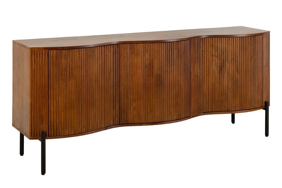 Estila Art deco hnedý trojdverový príborník Allegra z mangového dreva s dekoratívnymi lamelami s čiernymi kovovými nožičkami 177 cm 1