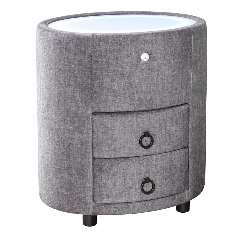 Estila Dizajnový art deco oválny nočný stolík Aluro s dvomi zásuvkami so sivým zamatovým poťahom a bielou doskou s LED svetlom 55 cm 1