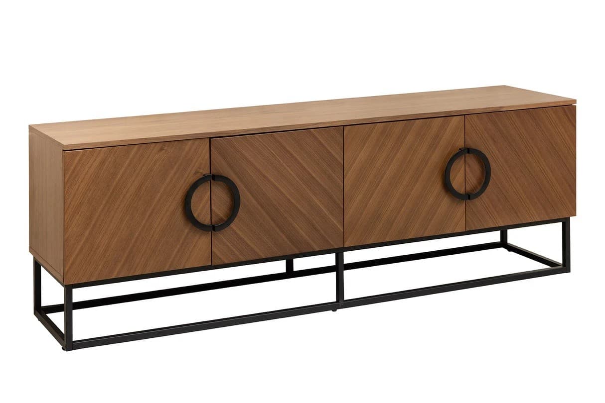 Estila Dizajnový art deco štvordverový TV stolík Arkline v svetlom hnedom orechovom prevedení s čiernymi kovovými detailmi 180 cm 1