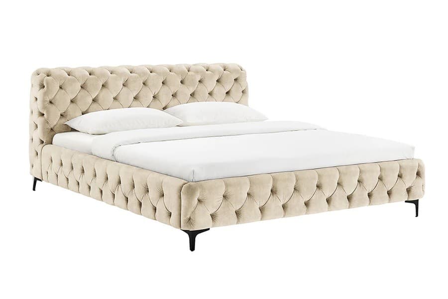 Estila Glamour zamatová béžová manželská posteľ Modern Barock s čalúneným rámom a čelom s chesterfield prešívaním 235 cm