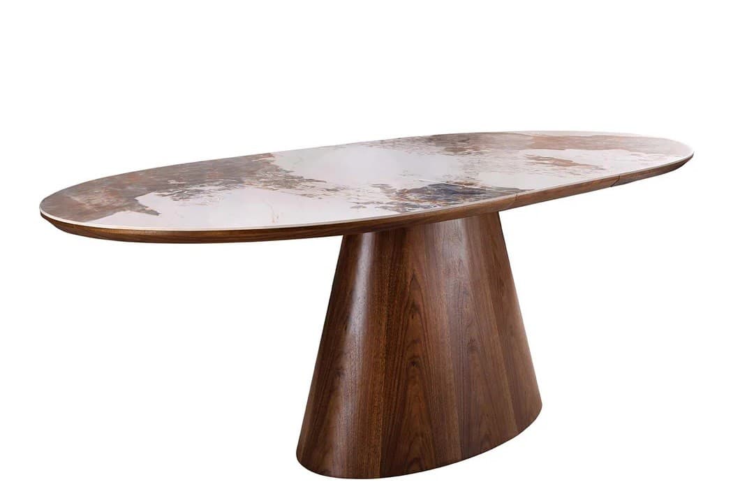 Estila Art deco oválny biely hnedý rozkladací jedálenský stôl Marmol Lignia s keramickou doskou a kužeľovou drevenou nohou 160-200 cm