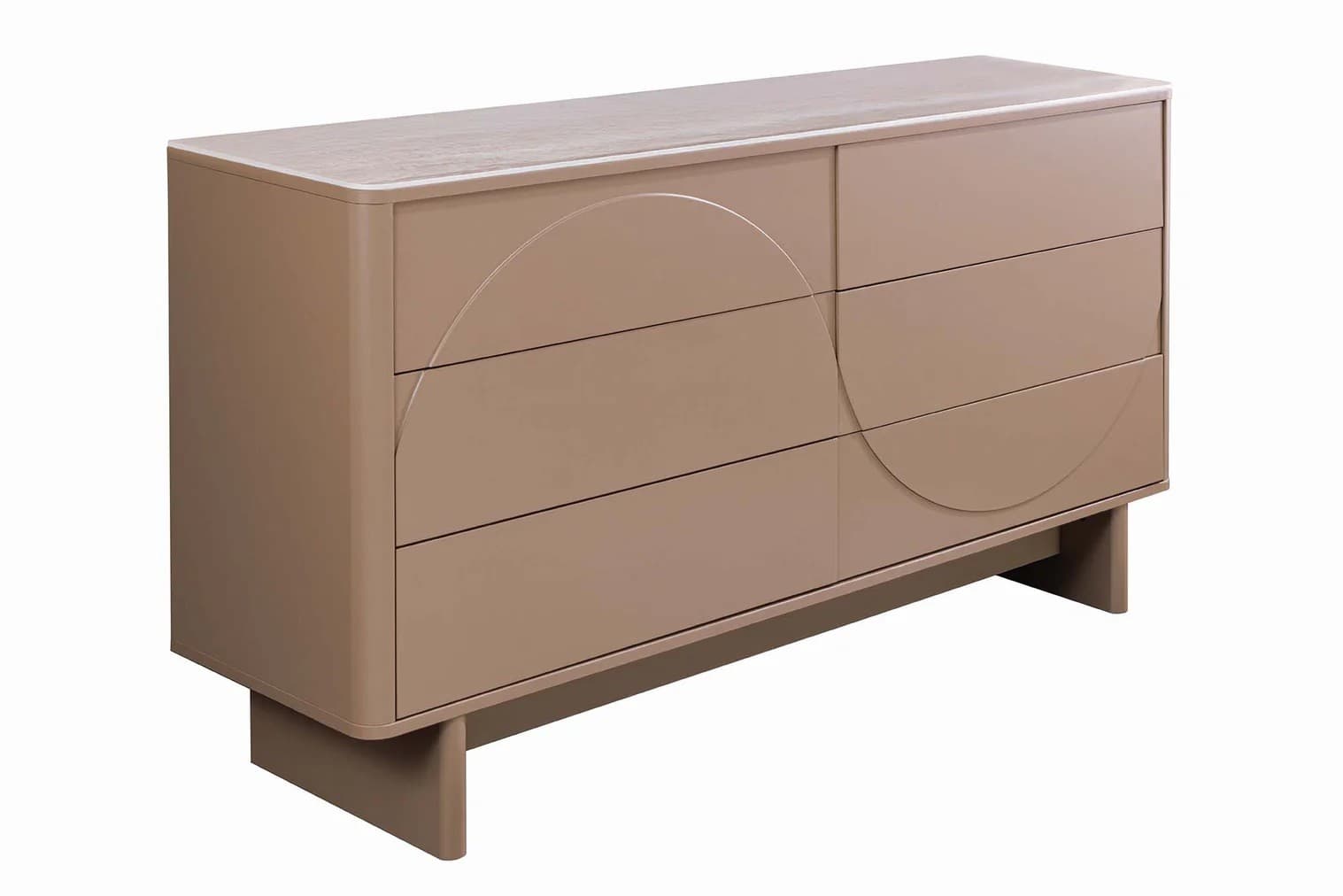 Estila Dizajnová moderná komoda Savonia so šiestimi zásuvkami v svetlej hnedej farbe s minimalistickým geometrickým reliéfom 150 cm