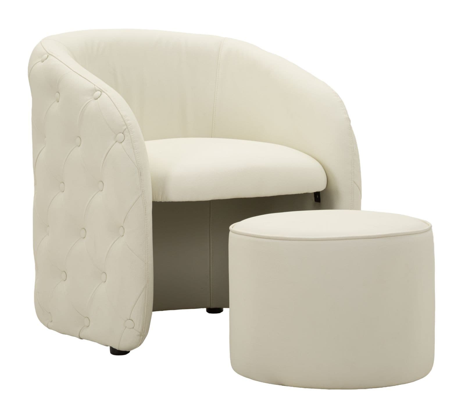 Estila Dizajnové art deco biele kreslo s taburetkou Zilla s poťahom z ekokože s chesterfield prešívaním 76 cm 1