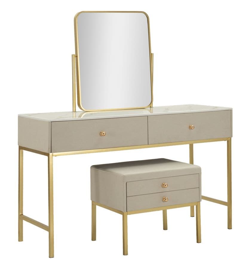Estila Glamour čalúnený béžový toaletný stolík Glamia Tapisé so zrkadlom a taburetkou so zásuvkami a zlatými detailmi 120 cm