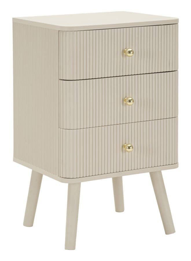 Estila Art deco krémový nočný stolík Shelly s tromi zásuvkami so zlatými úchytkami a rebrovaným reliéfom 61 cm