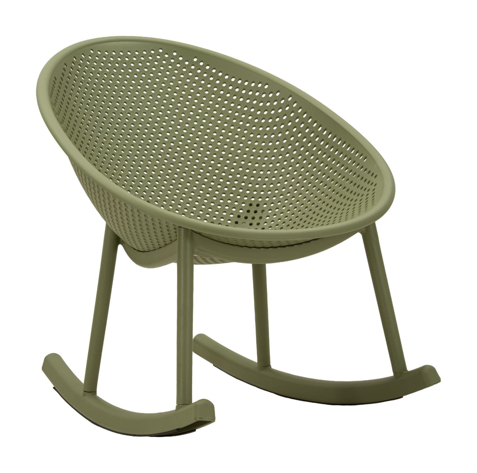 Estila Moderné zelené okrúhle hojdacie kreslo Isola s kompaktným sedadlom a opierkou s perforovaným dizajnom 66 cm